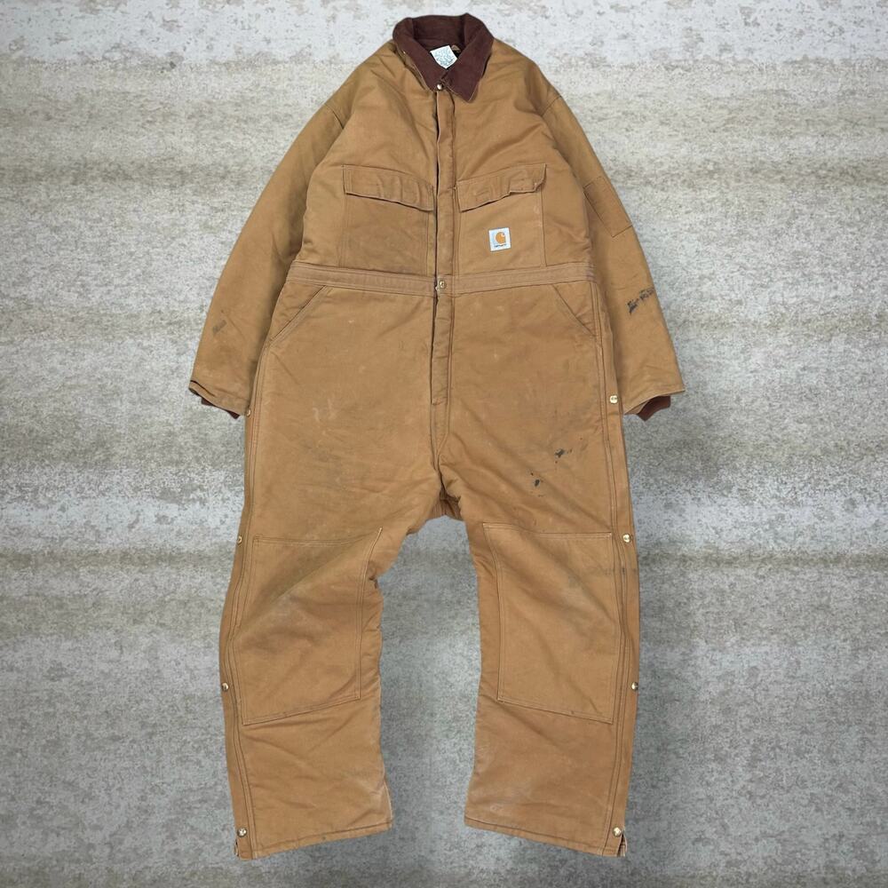 Vintage 90s Carhartt Coveralls Mens 2XL Baggy Tan Double Knees Insulated Canvas